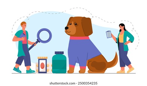 Personas de tratamiento canino. Hombre y mujer en uniforme médico cerca de cachorro. Diagnóstico y tratamiento. Equipo veterinario con lupa y medicamentos para animales domésticos. Ilustración vectorial plana