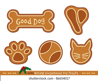 Dog Treats, tasty Christmas holiday Gingerbread cookies for good dogs: T bone steak, ball, dog bone, kitty cat, paw print. EPS10 compatible.