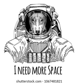 DOG for t-shirt design Astronaut. Space suit. Hand drawn image of lion for tattoo, t-shirt, emblem, badge, logo patch kindergarten poster children clothing