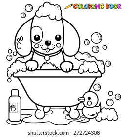 Dog in a tub taking a bath. Vector black and white coloring page.