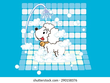 A dog in a tub taking a bubble bath