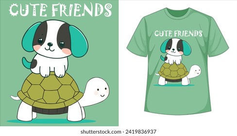 dog and turtle friendship illustration, vector design for various prints