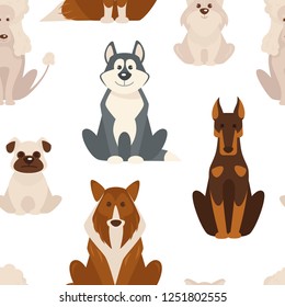 Dog types and breeds canine animals seamless pattern vector isolated on white background. Animalistic set with puppies and doggy, poodle and bulldog, canis lupus familiaris terrier and purebred