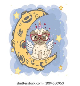 Dog unicorn on the moon .cartoon hand drawn pilot vector illustration. Can be used for baby t-shirt printing.