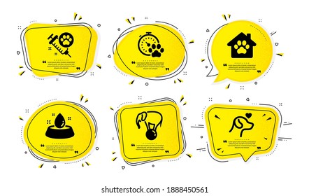 Dog vaccination, Dog competition and Pet shelter icons simple set. Yellow speech bubbles with dotwork effect. Water bowl, Elephant on ball and Pets care signs. Vector