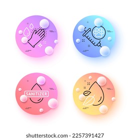 Dog vaccination, Hand sanitizer and Water drop minimal line icons. 3d spheres or balls buttons. Washing hands icons. For web, application, printing. Pets medicine, Hygiene care, Serum oil. Vector