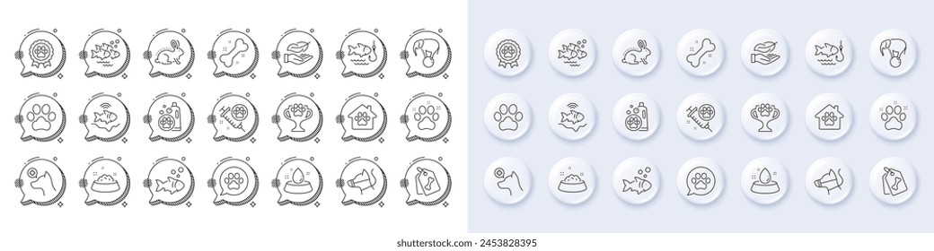 Dog vaccination, Pets care and Fish school line icons. White pin 3d buttons, chat bubbles icons. Pack of Fishfinder, Winner cup, Dog competition icon. Vector