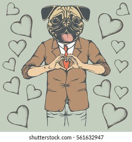 Dog Valentine Day Vector Concept. Illustration Of Pug Head On Human Body. Dog Showing Heart Shape