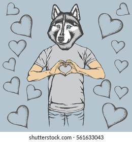 Dog Valentine Day Vector Concept. Illustration Of Dog Head On Human Body. Husky Showing Heart Shape