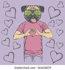 Dog Valentine Day Vector Concept. Illustration Of Pug Head On Human Body. Dog Showing Heart Shape