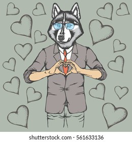 Dog Valentine day vector concept. Illustration of dog head on human body. Husky showing heart shape