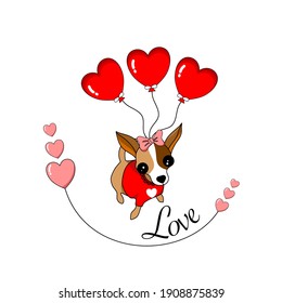 dog valentines love dog draw vector portrait cute dog and balloon heart for valentine day.Isolated on white.Doodle cartoon style.