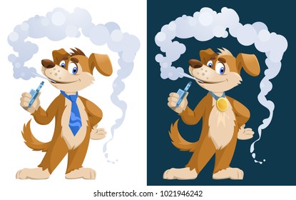 Dog vaper. Funny dog smoking electronic cigarette. Cartoon styled vector illustration. Elements is grouped. On white and dark background. No transparent objects.