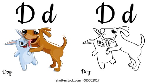 Dog. Vector alphabet letter D, coloring page