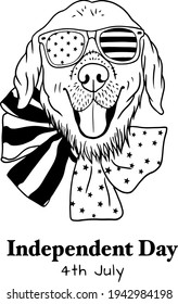 Dog Vector American Independence Day Funny Dog ​​poster Element Card For The Holiday Patriot Print On Tacky Print For T-shirt Black And White Art Line 4 July