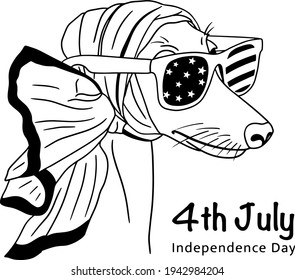 Dog Vector American Independence Day Funny Dog ​​poster Element Card For The Holiday Patriot Print On Tacky Print For T-shirt Black And White Art Line 4 July