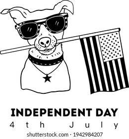 Dog Vector American Independence Day Funny Dog ​​poster Element Card For The Holiday Patriot Print On Tacky Print For T-shirt Black And White Art Line 4 July