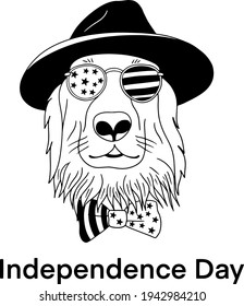 Dog Vector American Independence Day Funny Dog ​​poster Element Card For The Holiday Patriot Print On Tacky Print For T-shirt Black And White Art Line 4 July