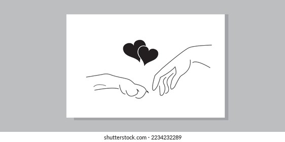 Dog vector art illustration. Dog lover. Dog paw and human hand art illustration. Dog hand drawing. Vector art illustration.