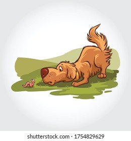 Dog Vector Cartoon Character. Mascot Illustration Of Dogs Play With Worms In The Field.