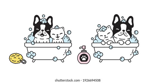 dog vector cat french bulldog icon shower bath kitten soap shampoo pet puppy cartoon character symbol illustration doodle design