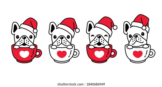 dog vector Christmas french bulldog Santa Claus hat icon coffee cup puppy pet character cartoon symbol scarf doodle illustration design