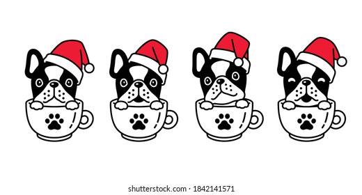 dog vector Christmas french bulldog Santa Claus hat icon coffee cup puppy pet paw character cartoon symbol scarf illustration doodle design