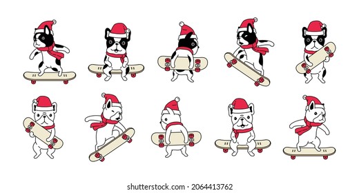 dog vector Christmas french bulldog Santa Claus hat skateboard surfskate puppy pet icon character cartoon symbol tattoo stamp scarf illustration design