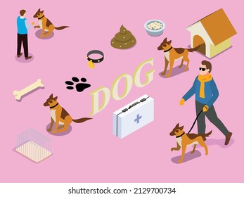 Dog vector concept. Two young men playing with their dog while standing with dog word