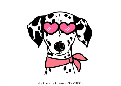 dog vector Dalmatian breed pink heart spotted puppy art funny face animal pink heart sunglasses with scarf illustrator white isolated cute wallpaper character design polka dot drawing

