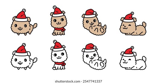 dog vector fluffy puppy christmas hat santa claus scarf icon cartoon character terrier cocker spaniel poodle yorkshire terrier pet doodle illustration clip art symbol isolated design