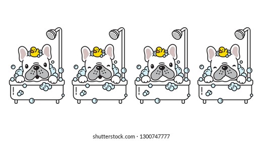 dog vector french bulldog bath shower rubber duck cartoon character icon logo bubble soap illustration doodle white