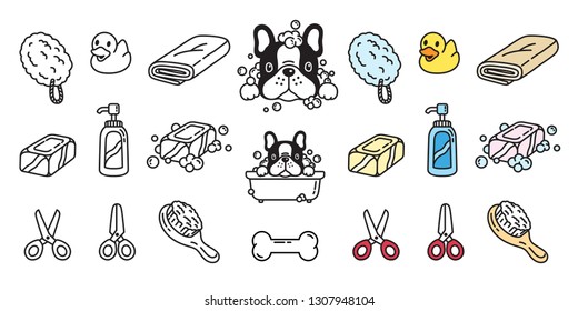 Dog Vector French Bulldog Bath Icon Shower Soap Shampoo Rubber Duck Cartoon Character Illustration Doodle