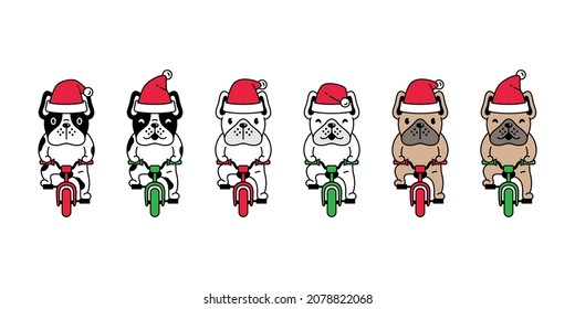 Dog vector french bulldog christmas santa claus ride bicycle bike icon logo puppy cartoon character symbol illustration doodle design