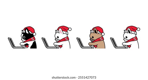 dog vector french bulldog christmas santa claus hat working computer labtop icon cartoon character puppy pet doodle symbol illustration clip art isolated design