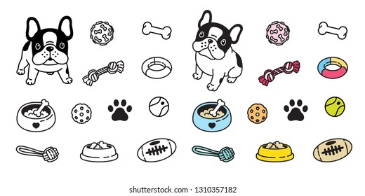 Dog vector french bulldog icon paw bone food bowl ball toy footprint cartoon character illustration doodle