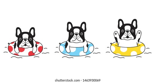 Dog Vector French Bulldog Icon Swimming Ring Pool Cartoon Character Symbol Illustration Doodle Design