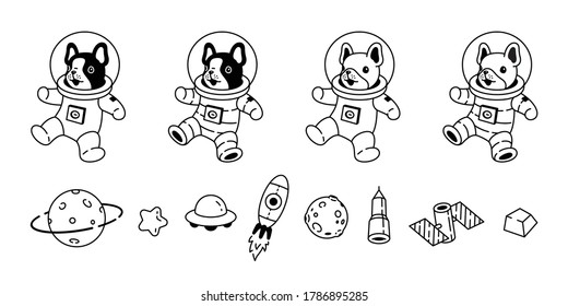 dog vector french bulldog icon space suit spaceship ufo star planet galaxy pet puppy cartoon character animal doodle symbol illustration design