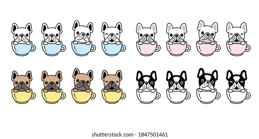 dog vector french bulldog icon coffee cup puppy pet paw character cartoon symbol scarf illustration doodle design