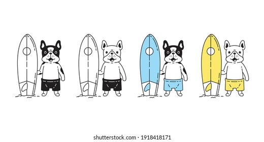 dog vector french bulldog icon surfboard ocean summer beach puppy pet paw character cartoon symbol scarf doodle illustration design