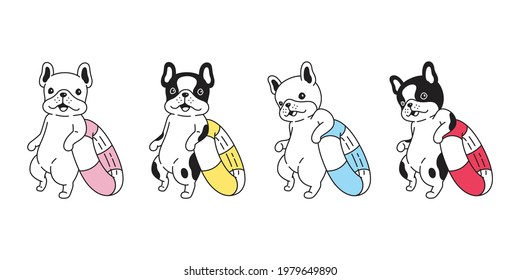 Dog Vector French Bulldog Icon Swimming Ring Pool Ocean Puppy Pet Paw Cartoon Character Beach Summer Symbol Scarf Doodle Illustration Color Design