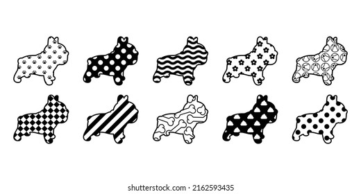dog vector french bulldog icon polka dot checked striped paw footprint pattern bone food puppy character cartoon pet symbol scarf isolated tattoo stamp clip art illustration design