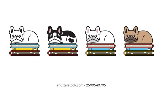 dog vector french bulldog icon book reading crouching sitting smiling cartoon character puppy pet doodle illustration symbol isolated
