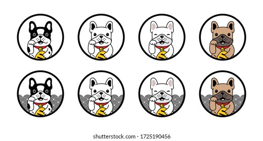 dog vector french bulldog lucky cat japan Maneki Neko icon puppy pet wave cartoon character symbol illustration doodle design