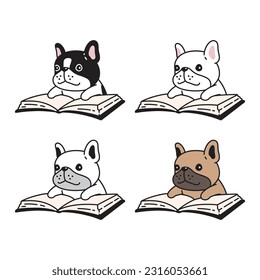 dog vector french bulldog reading book icon smile puppy pet cartoon character symbol tattoo stamp illustration design isolated
