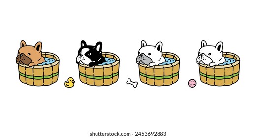 dog vector french bulldog shower icon bathing wooden oak bathtub teak cartoon character puppy pet bone duck toy doodle symbol illustration clip art isolated design
