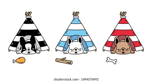 dog vector french bulldog tent house sleeping puppy bone toy icon cartoon character breed doodle symbol illustration design