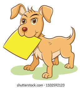 Dog Vector Holding Empty Yellow Paper Note Label.