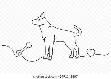 Dog vector line art with bone. Continuous line drawing of  dog and bone. Sketch of dog, vector, icon, silhouette. Continuous one line drawing art. Vector illustration.