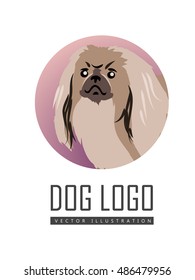 Dog vector logo in flat style. Pekingese bust in the blue circle illustration for pet shop, breed club logotype, app icon, animal infogpaphics elements, web design. Isolated on white background